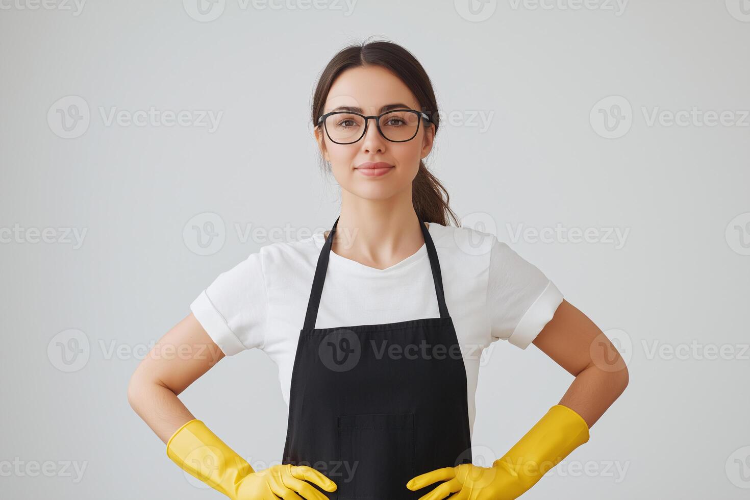 a woman in an apron and rubber gloves photo