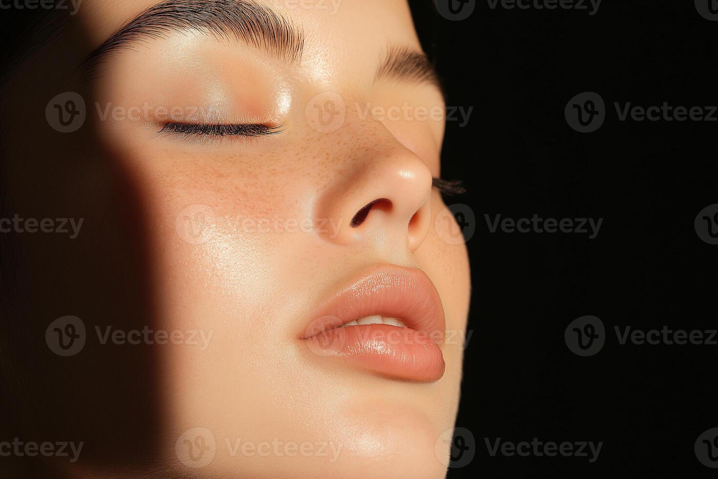 A woman with freckles and a shadow on her face photo