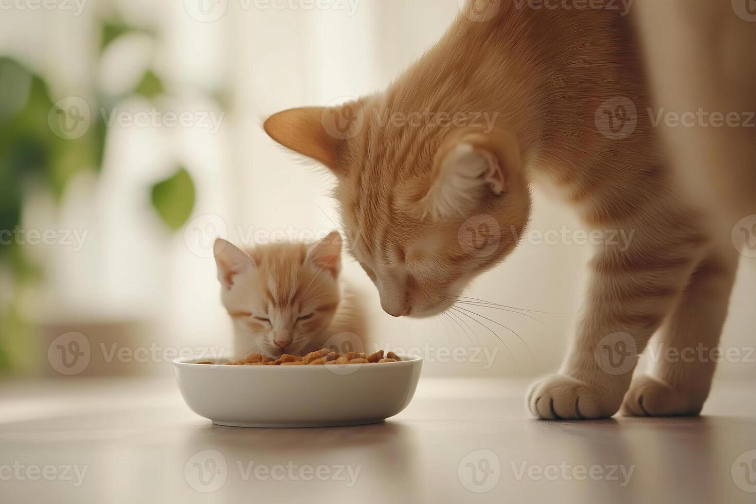 A cat and a kitten eating from a bowl photo