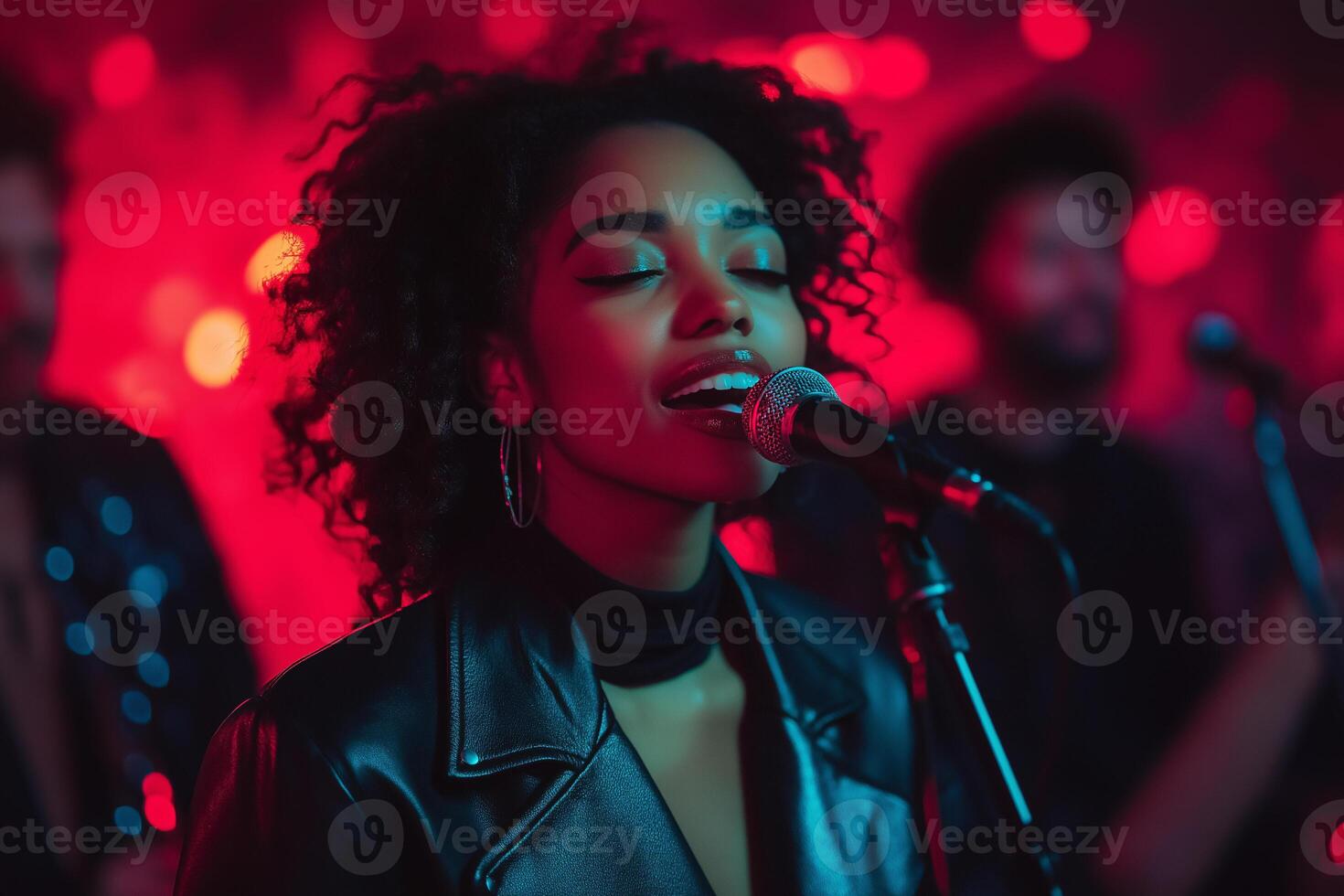 A woman singing into a microphone with a band behind her photo