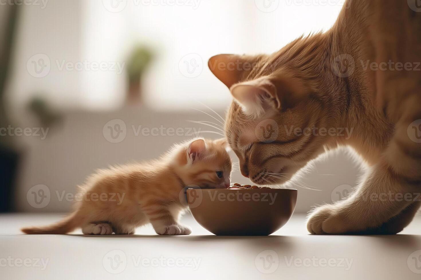 A cat and kitten eating from a bowl photo