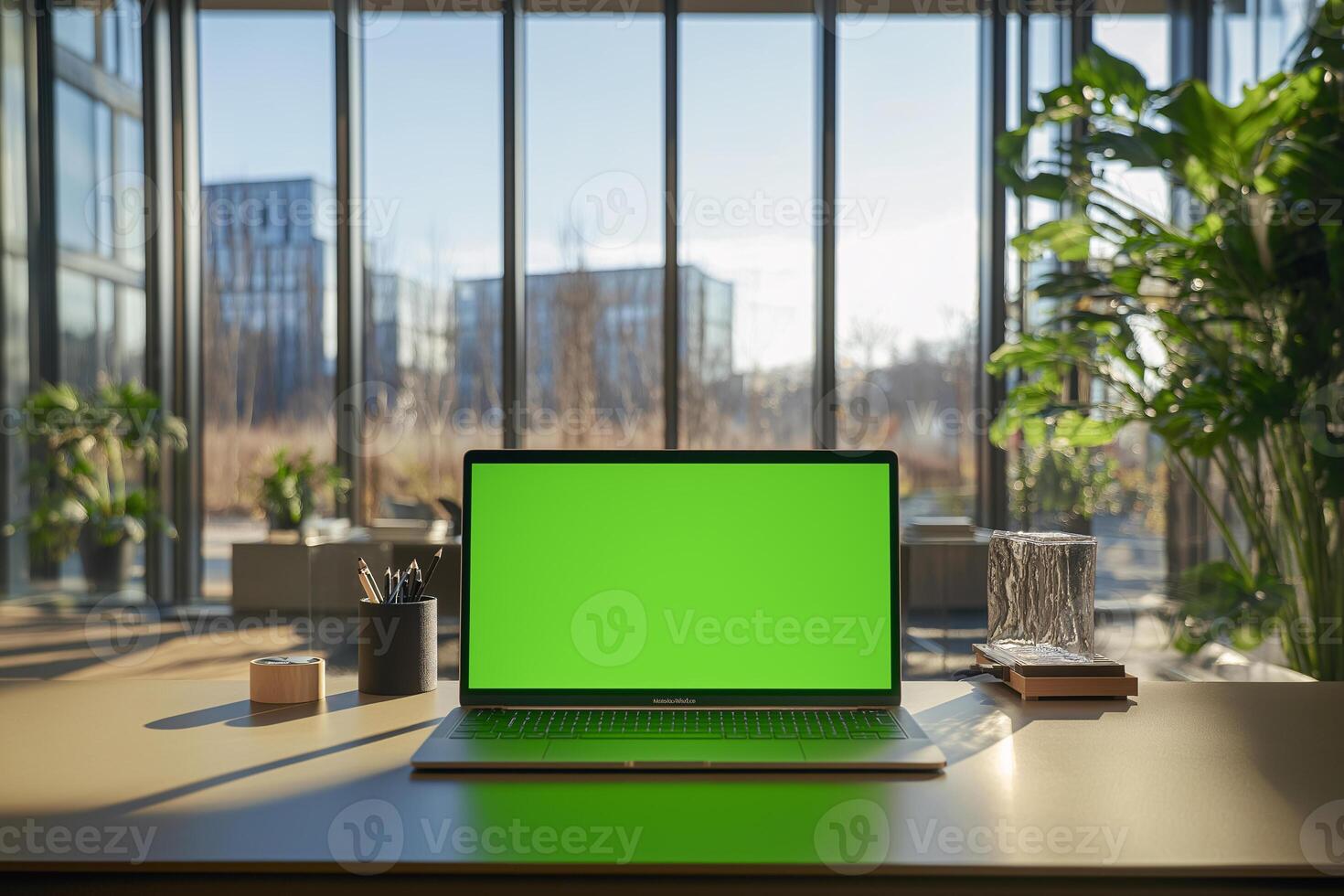 Laptop with green screen on a desk in an office with windows photo