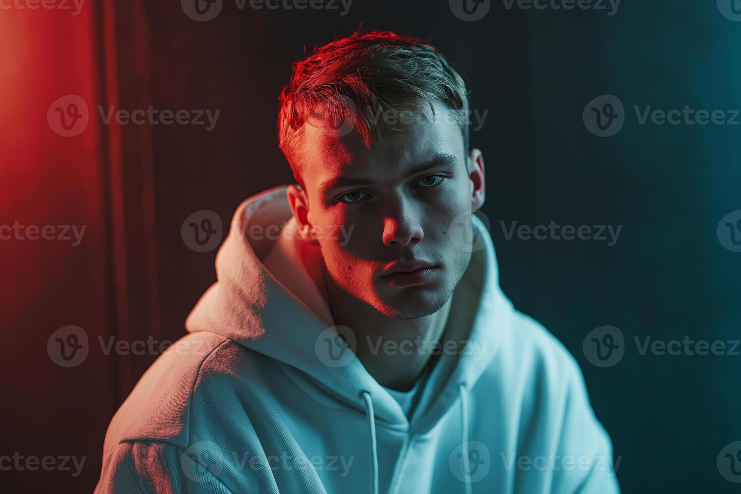 A man in a white hoodie looking at the camera photo
