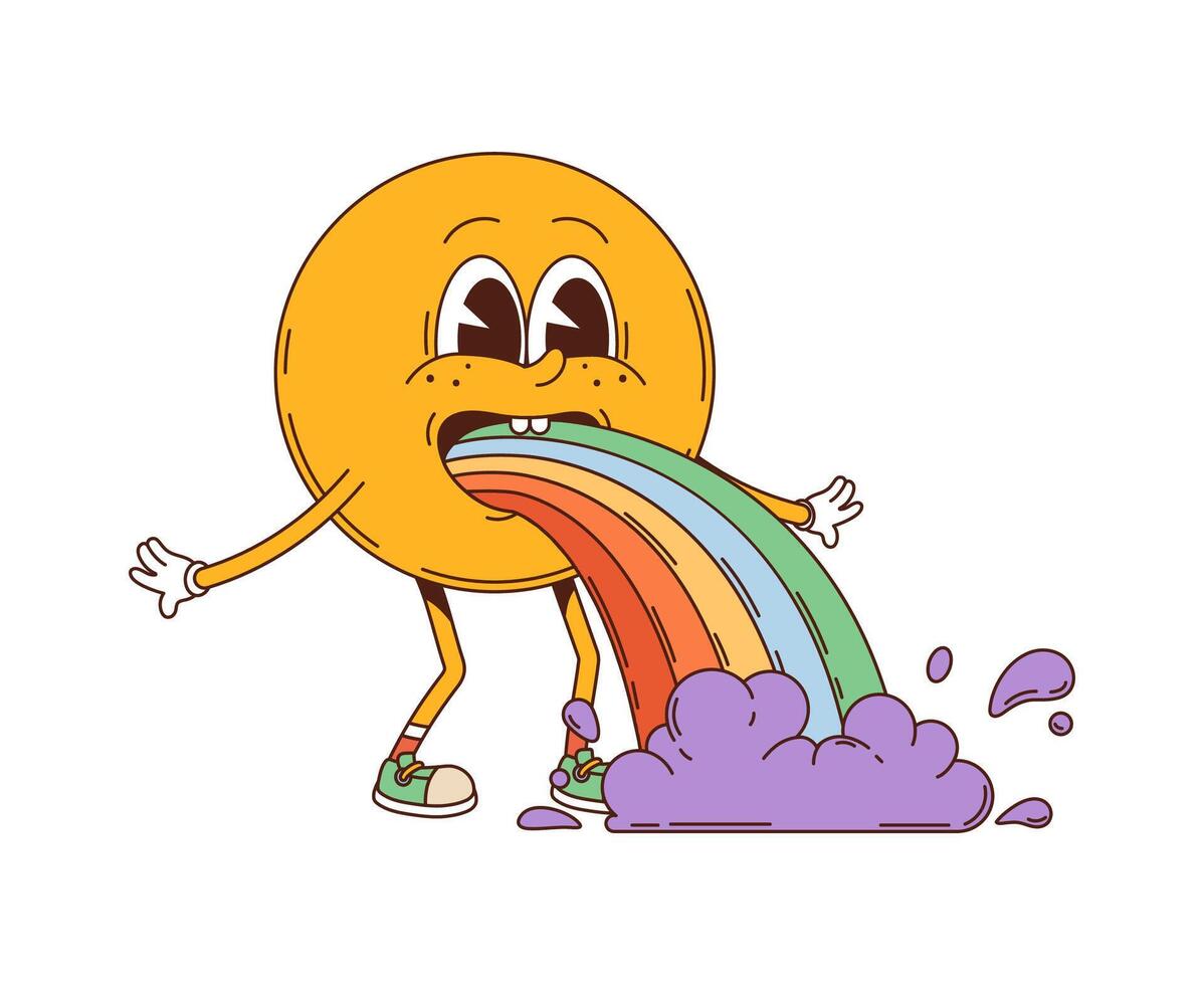 Cartoon groovy yellow smile with rainbow barf vector
