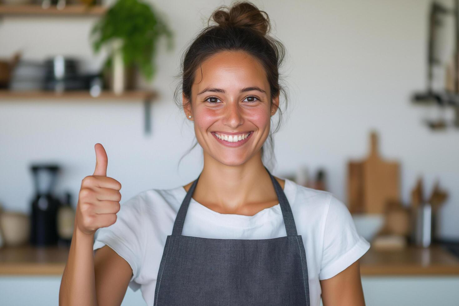 A woman in an apron giving the thumbs up photo