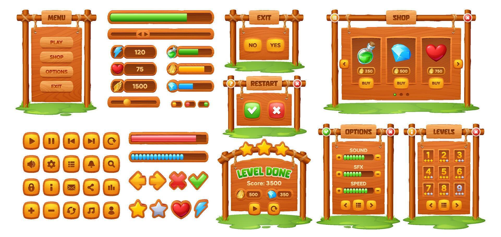 Wooden game interface, cartoon wood ui kit vector
