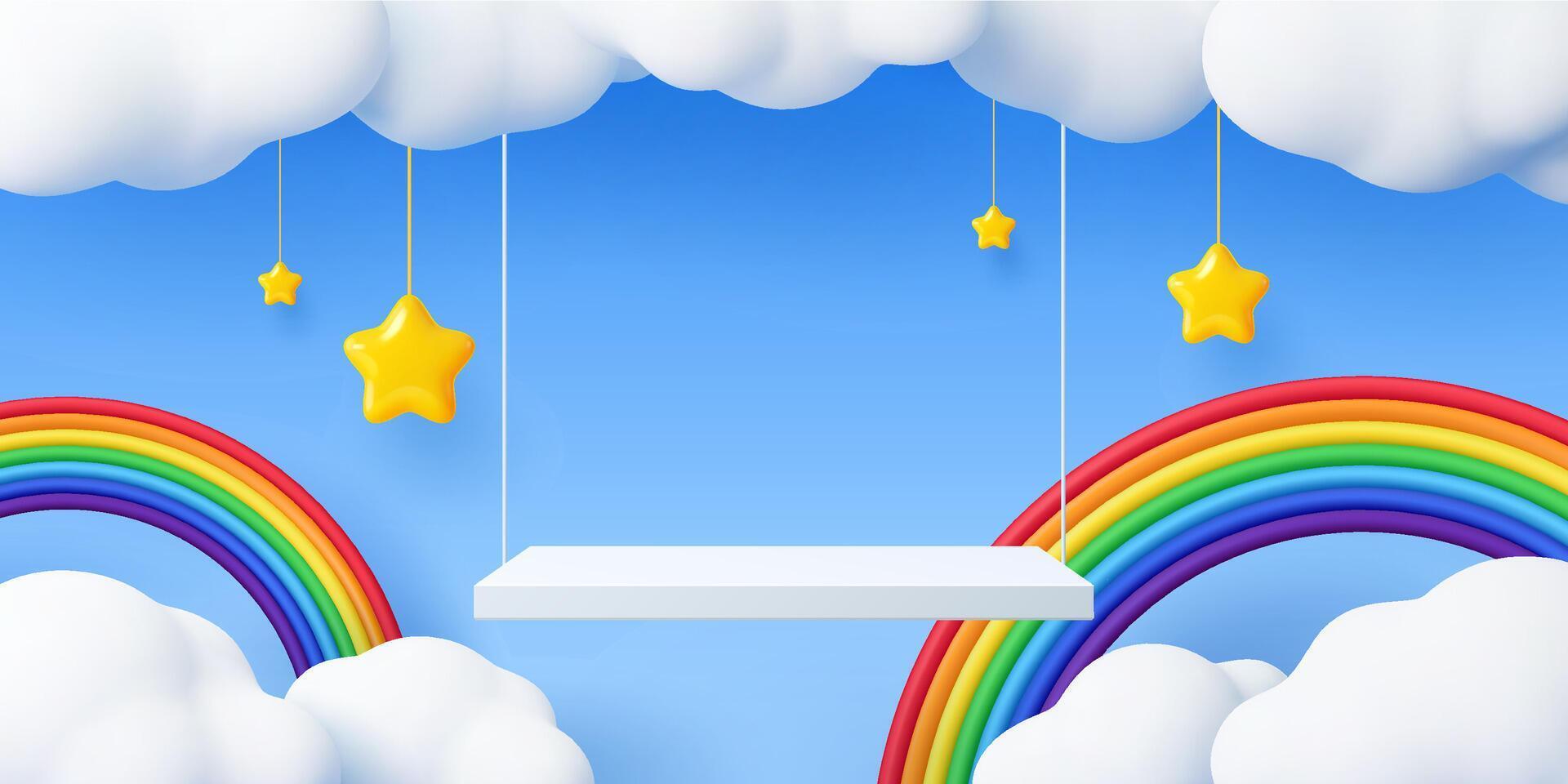 Kids swing podium stage sky clouds and rainbow vector