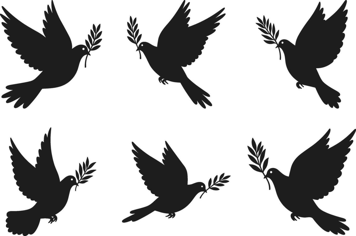 Set of Peace Dove Silhouettes with Olive Branch Collection vector