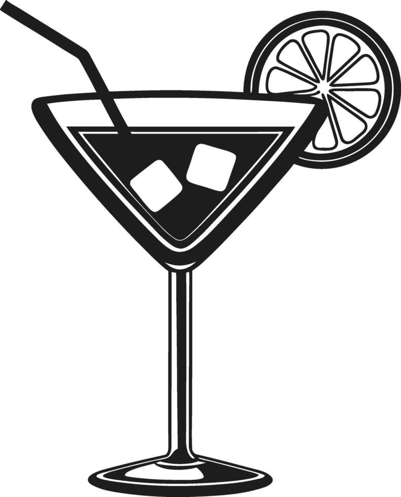Cocktail Glass Silhouette with Ice Cubes, Straw, and Lemon Slice - Illustration vector