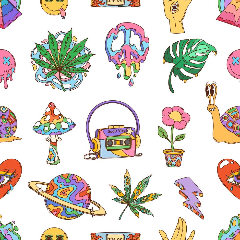 Retro hippie groovy symbols seamless y2k pattern vector