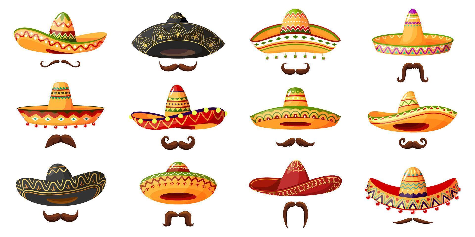 Mexican cowboy sombrero hats with moustaches set vector