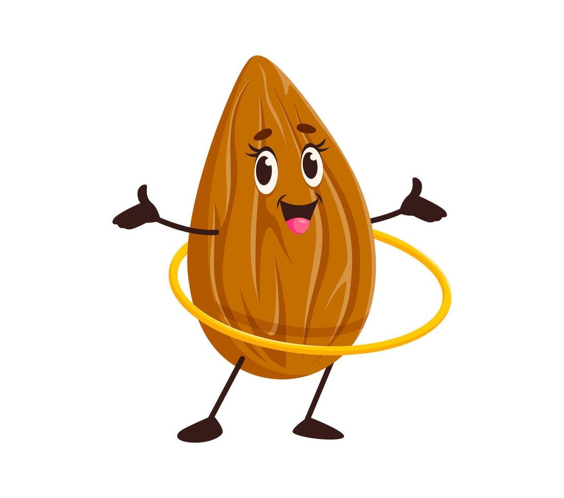 Cartoon funny almond nut character with hula hoop vector