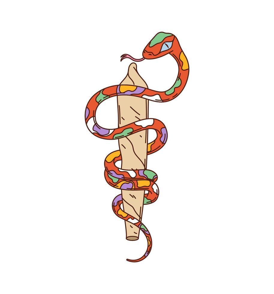 Cartoon groovy retro snake coiled around a staff vector