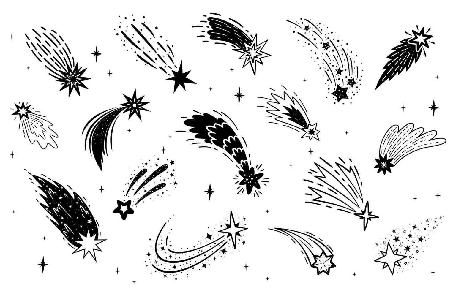 Doodle shooting space stars with trails set vector