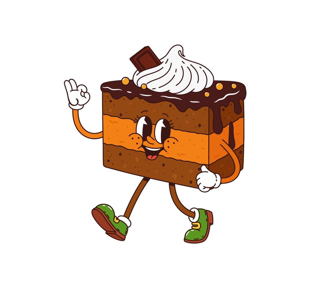 Cartoon groovy chocolate cake dessert character vector
