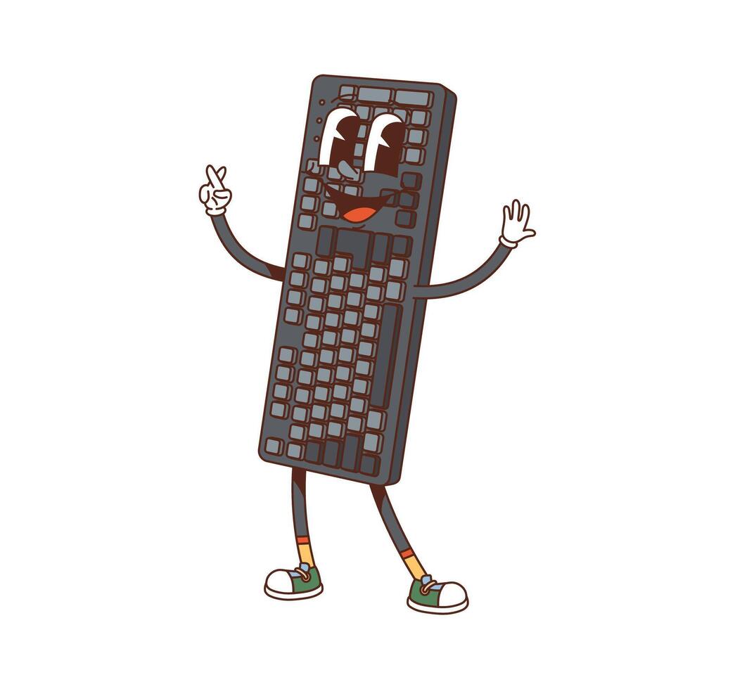 Cartoon groovy computer keyboard retro character vector