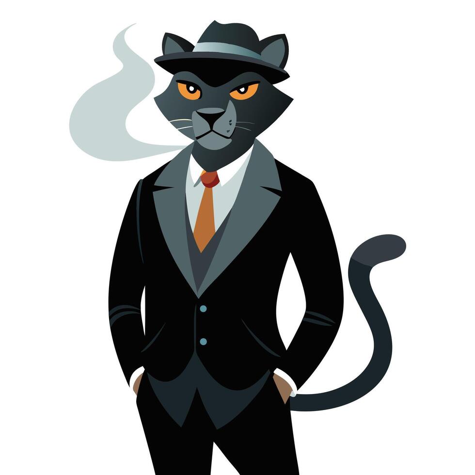 Cartoon panther character in suit and hat smoking illustration flat style vector