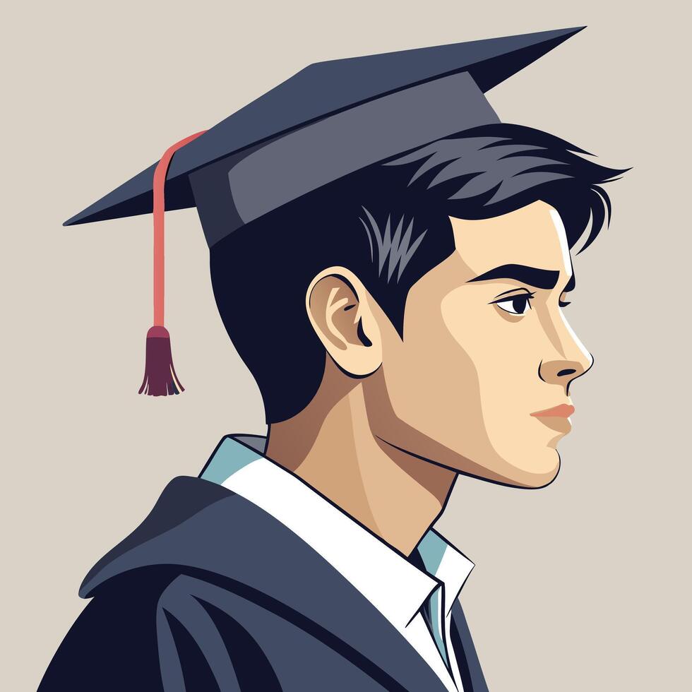 Young man graduation portrait in academic dress cap and gown illustration vector