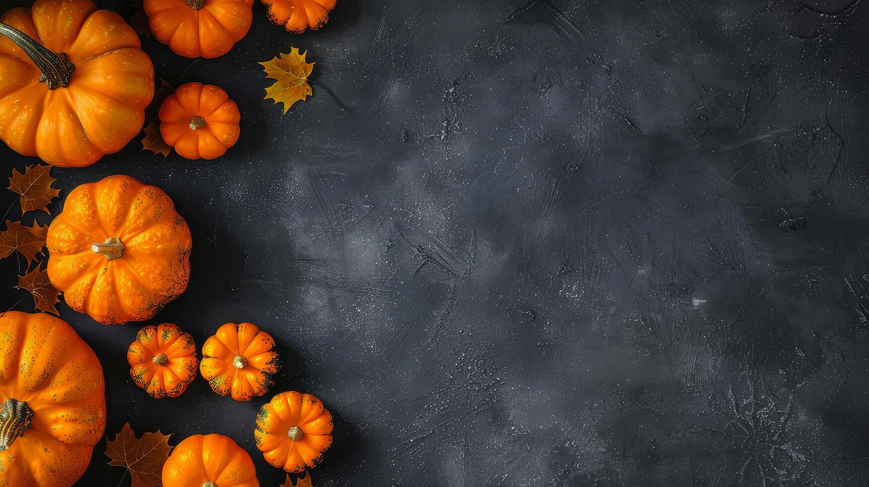 background. Pumpkins and orange autumn leaves on a dark background, top view, copy space photo