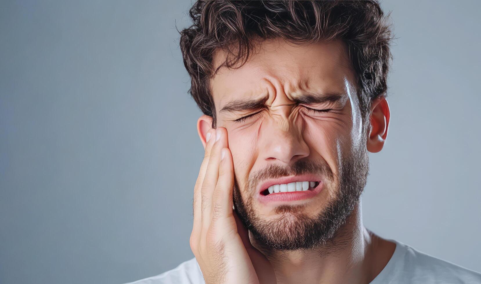 young man suffering from toothache close up on grey background photo