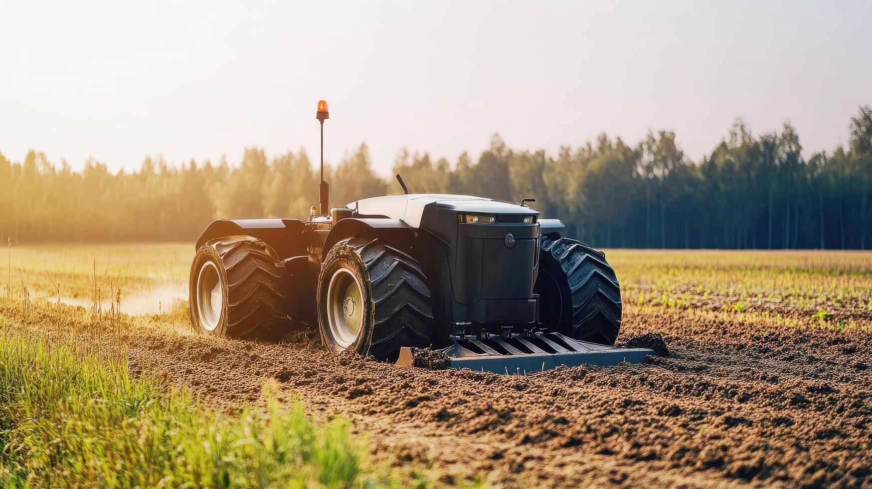 Tractor plowing a field during golden hour with lush trees in background photo