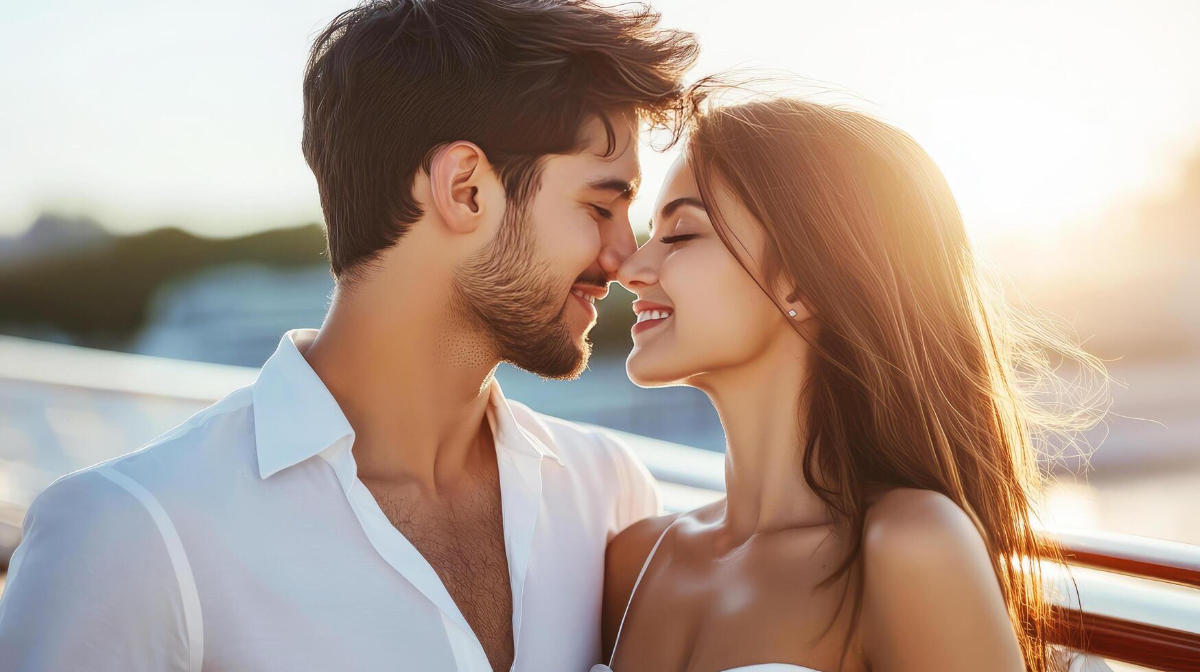 young lovers man and woman looking at each other in summer at sunset. First romantic kiss photo