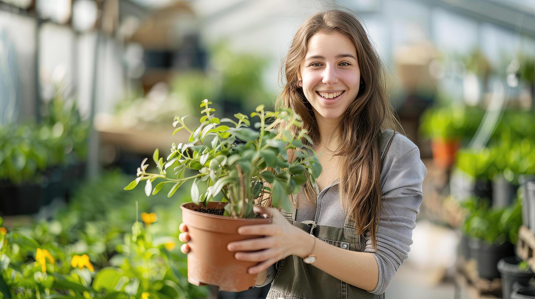happy woman working in garden center holding potted plant and looking at camera photo