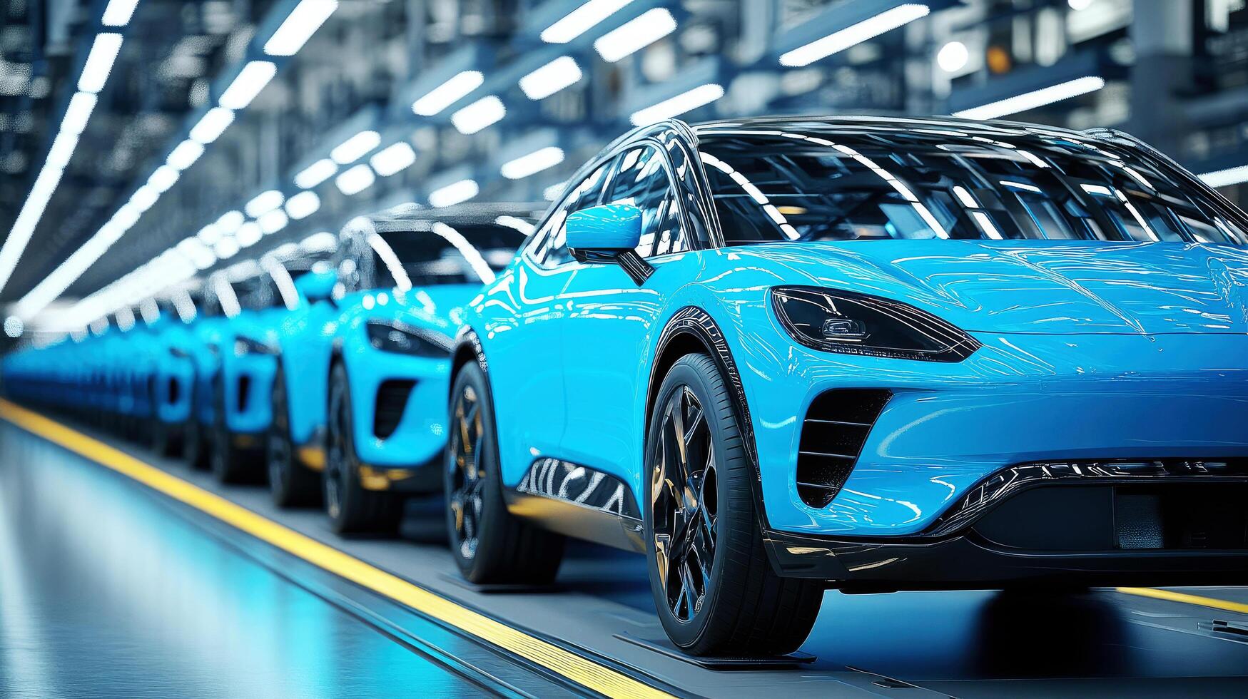 Electric vehicles lined up in modern factory during daytime assembly process photo