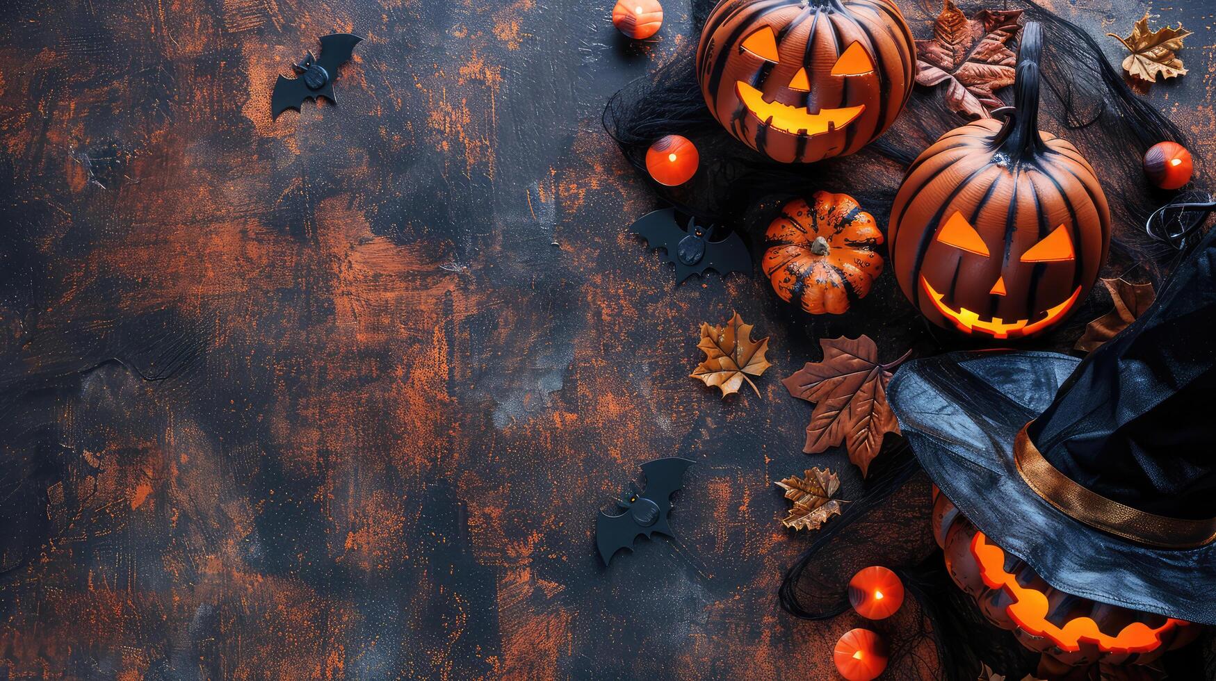 Halloween background. Pumpkins, bats and orange autumn leaves on a dark background, top view, copy space photo