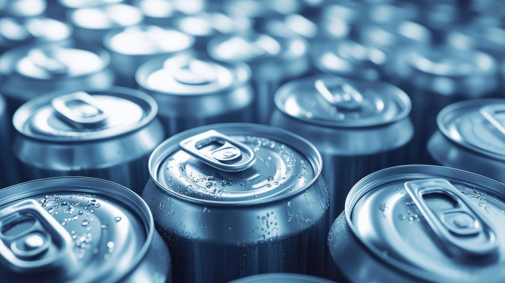 Close-up view of metallic beverage cans stacked together in a modern warehouse setting photo