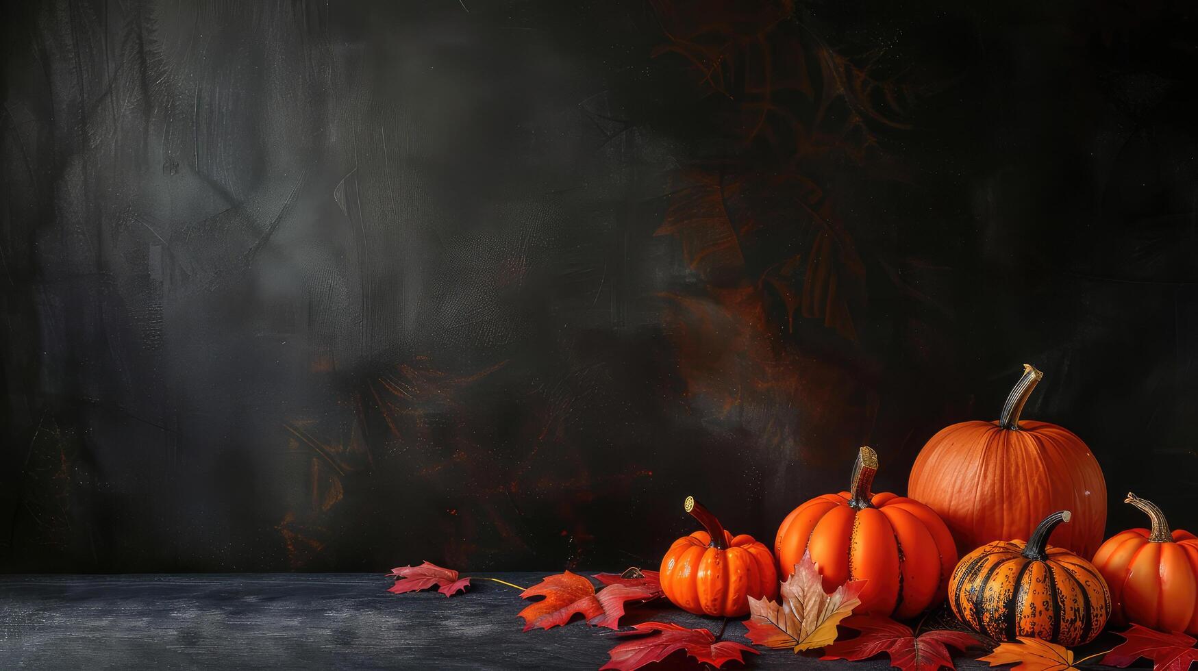 Halloween background. Orange pumpkins and autumn leaves on a dark background, side view, copy space photo
