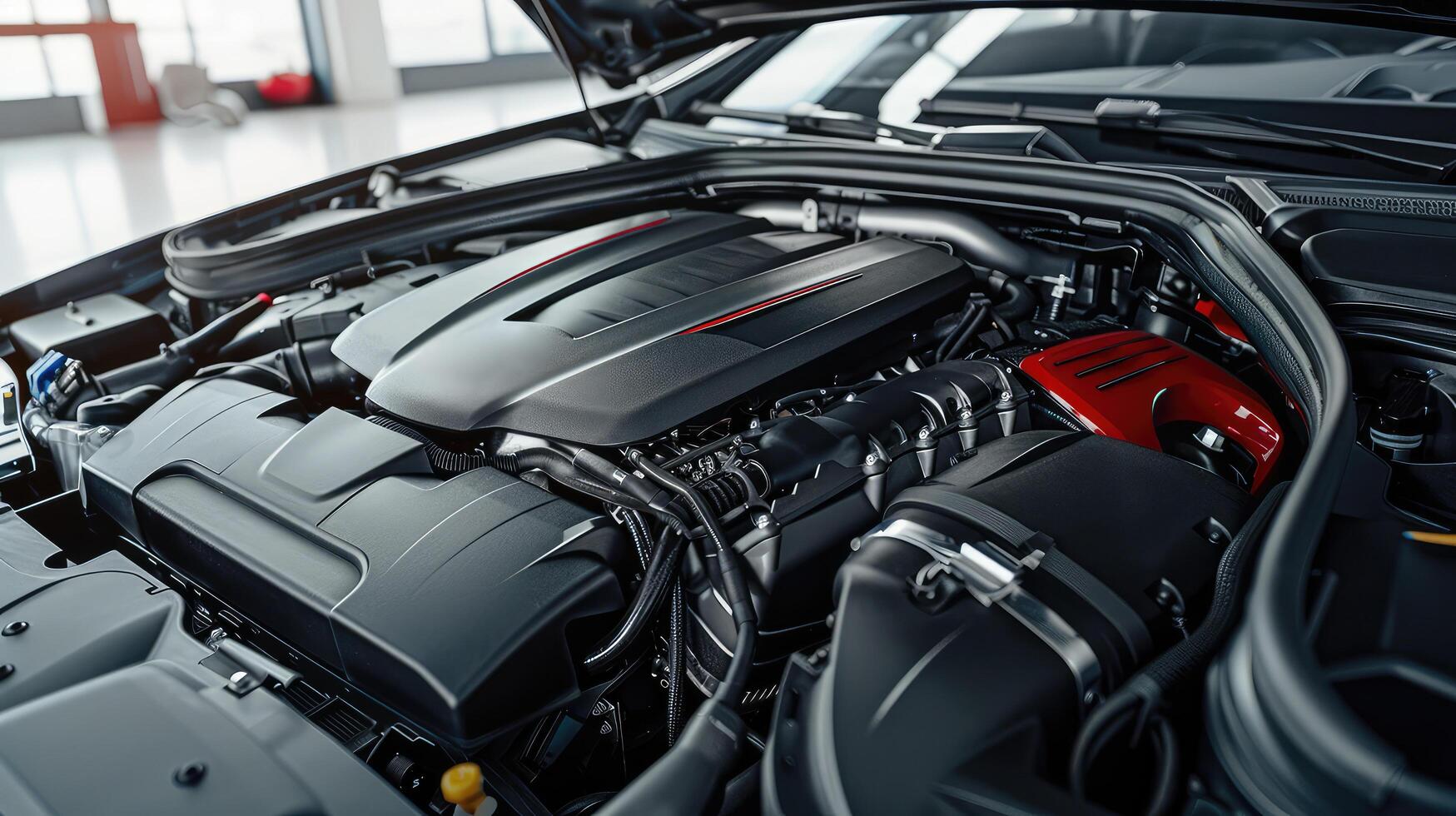 powerful technological engine under the hood of the car photo