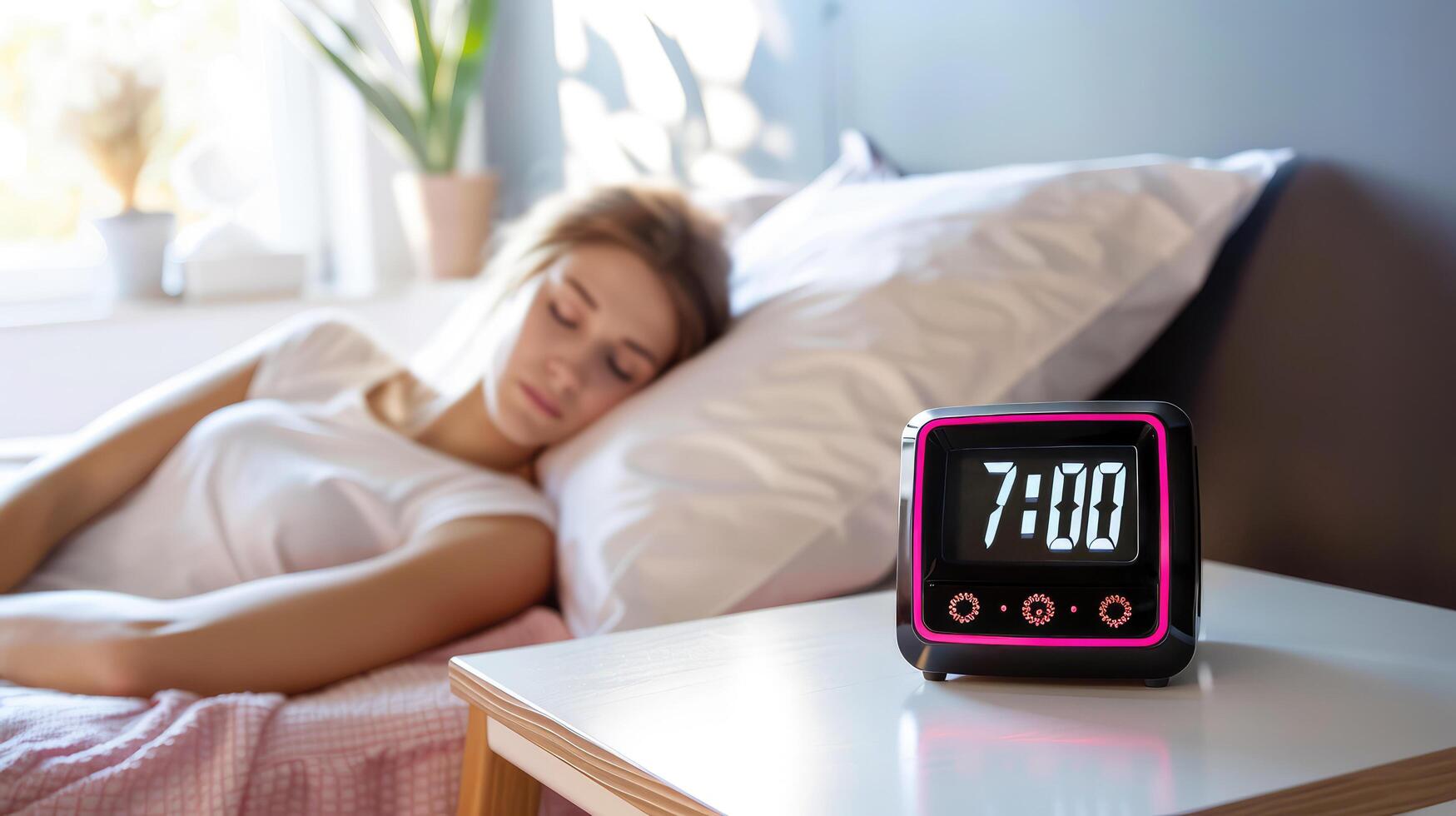 clock on bedside table in bedroom early in the morning showing wake up time, young woman sleeping nearby in bed. Morning wake up concept photo