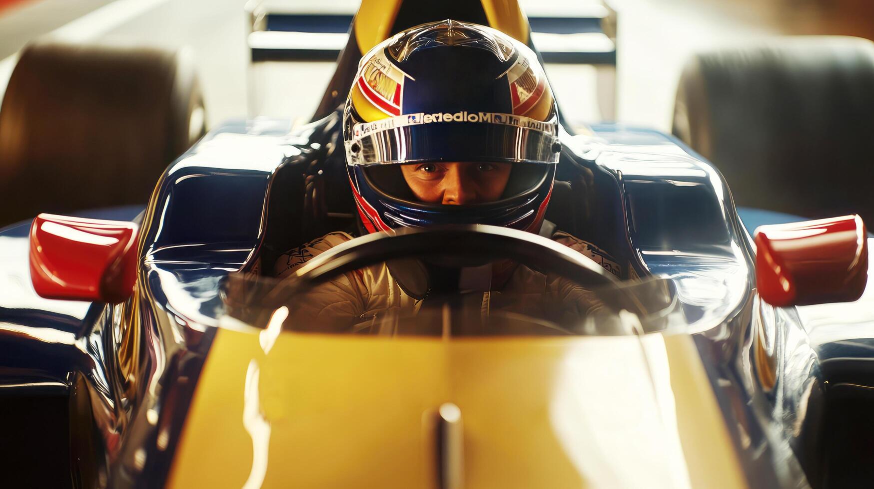 Formula 1 driver in helmet sits behind the wheel of a car close-up and looks at the camera photo