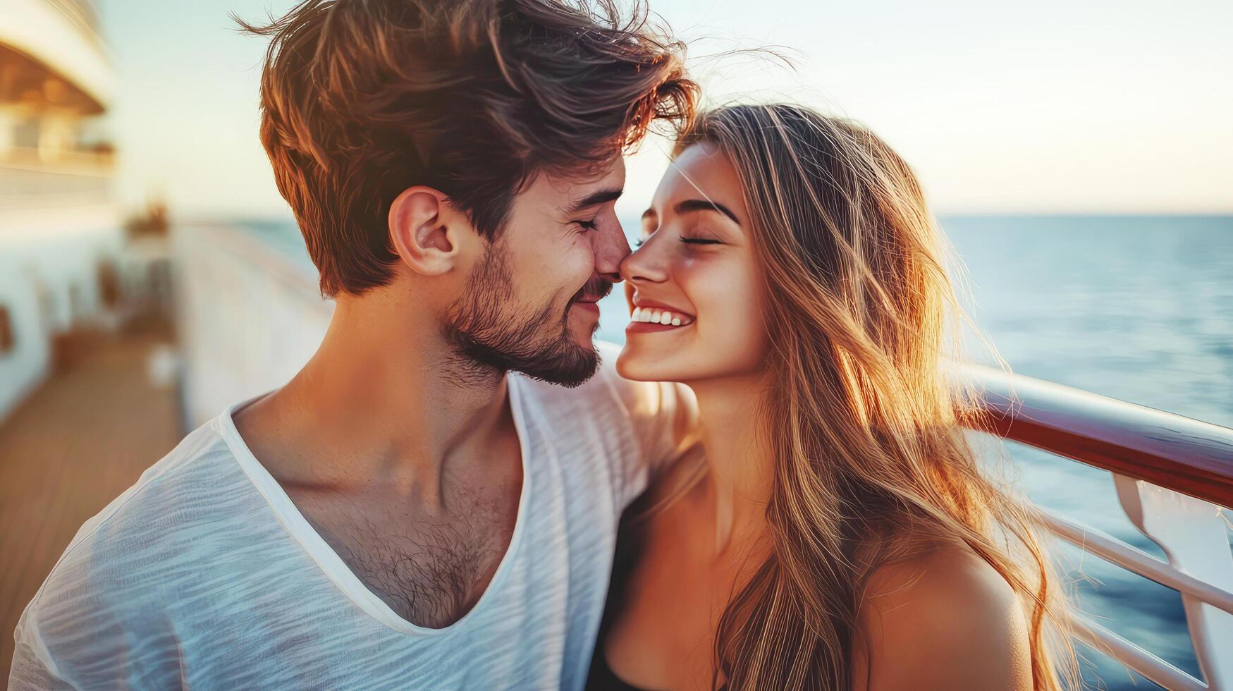 Happy young lovers man and woman in summer on cruise ship looking at each other close up. Romantic honeymoon of young spouses photo