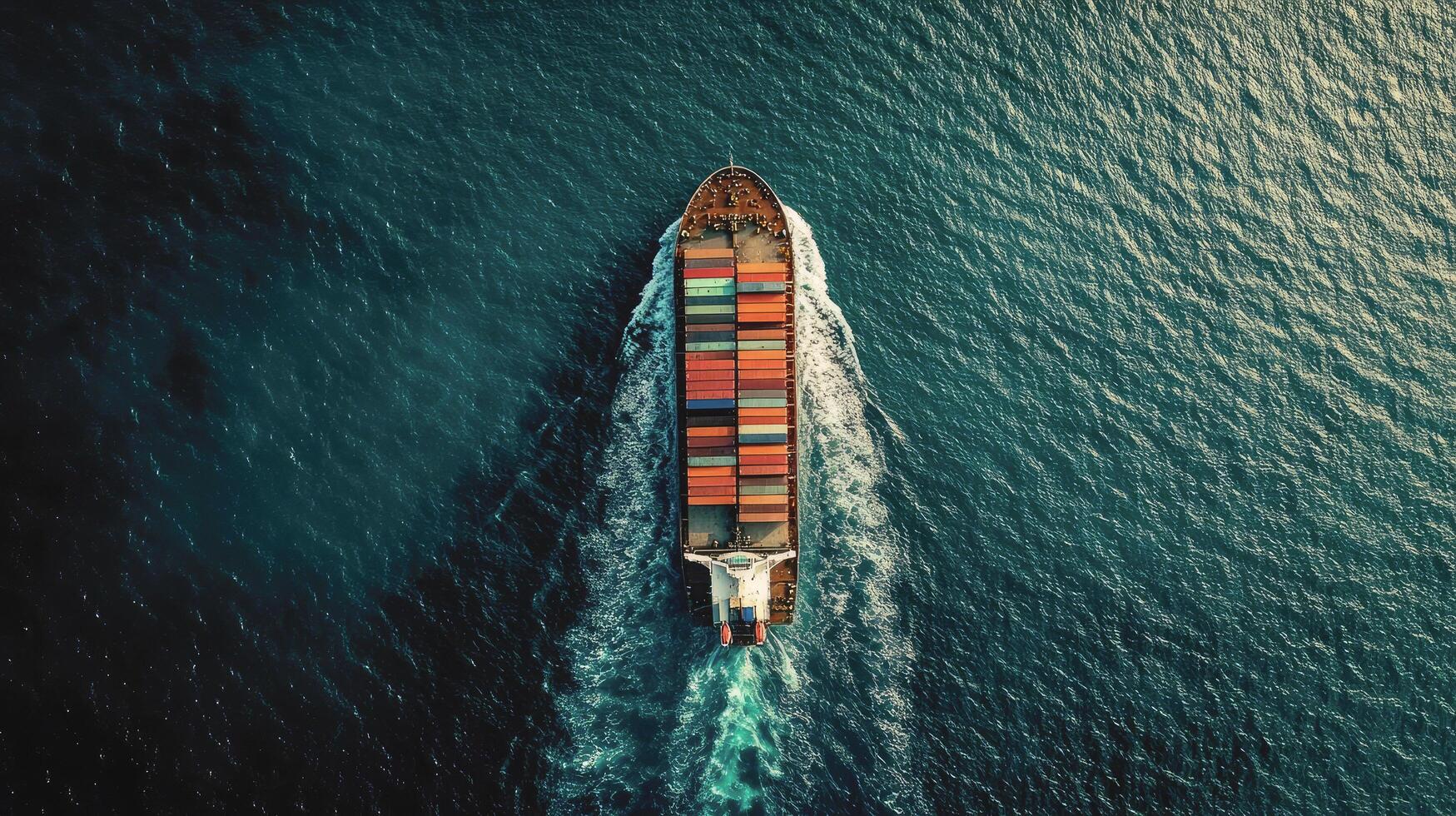 Cargo ship navigating through deep blue ocean waters under bright sunlight photo