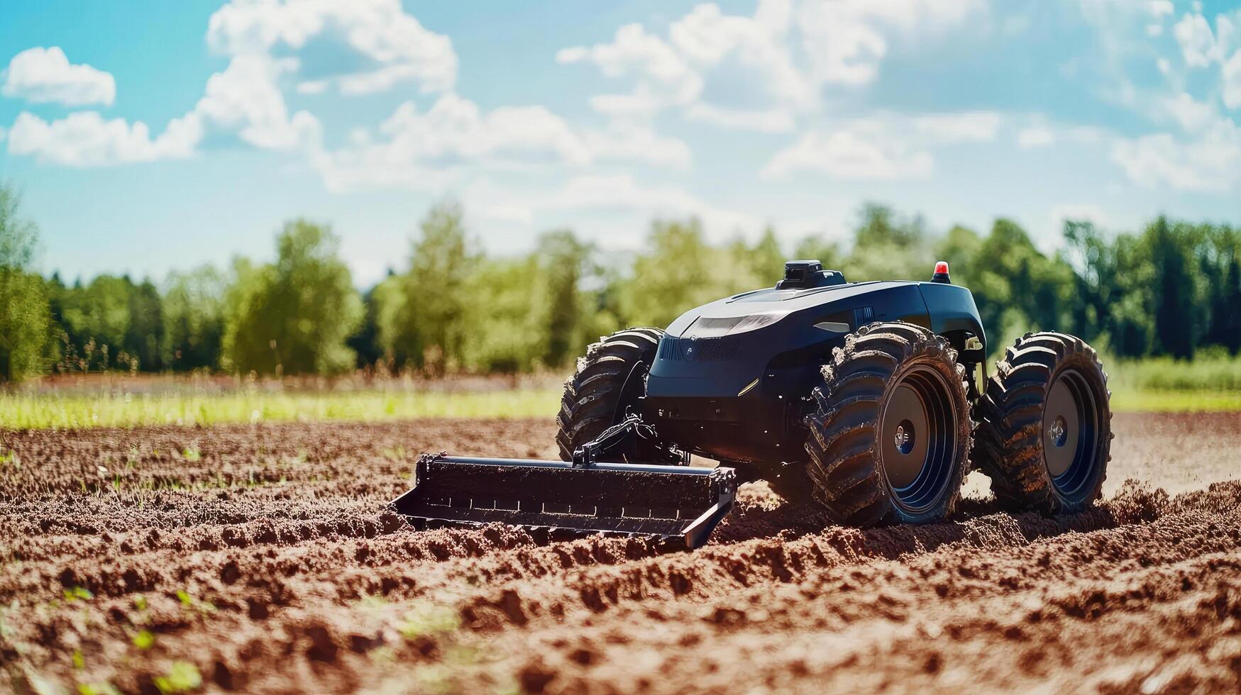 Autonomous farming robot cultivates soil in bright sunny field photo