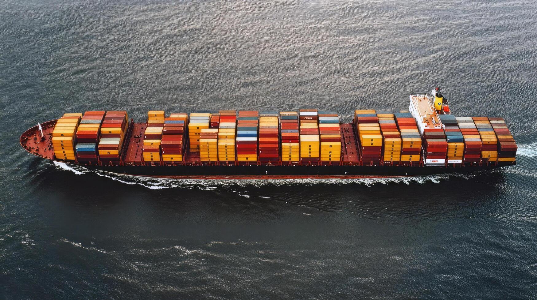 Container ship navigates through calm waters under clear blue sky photo