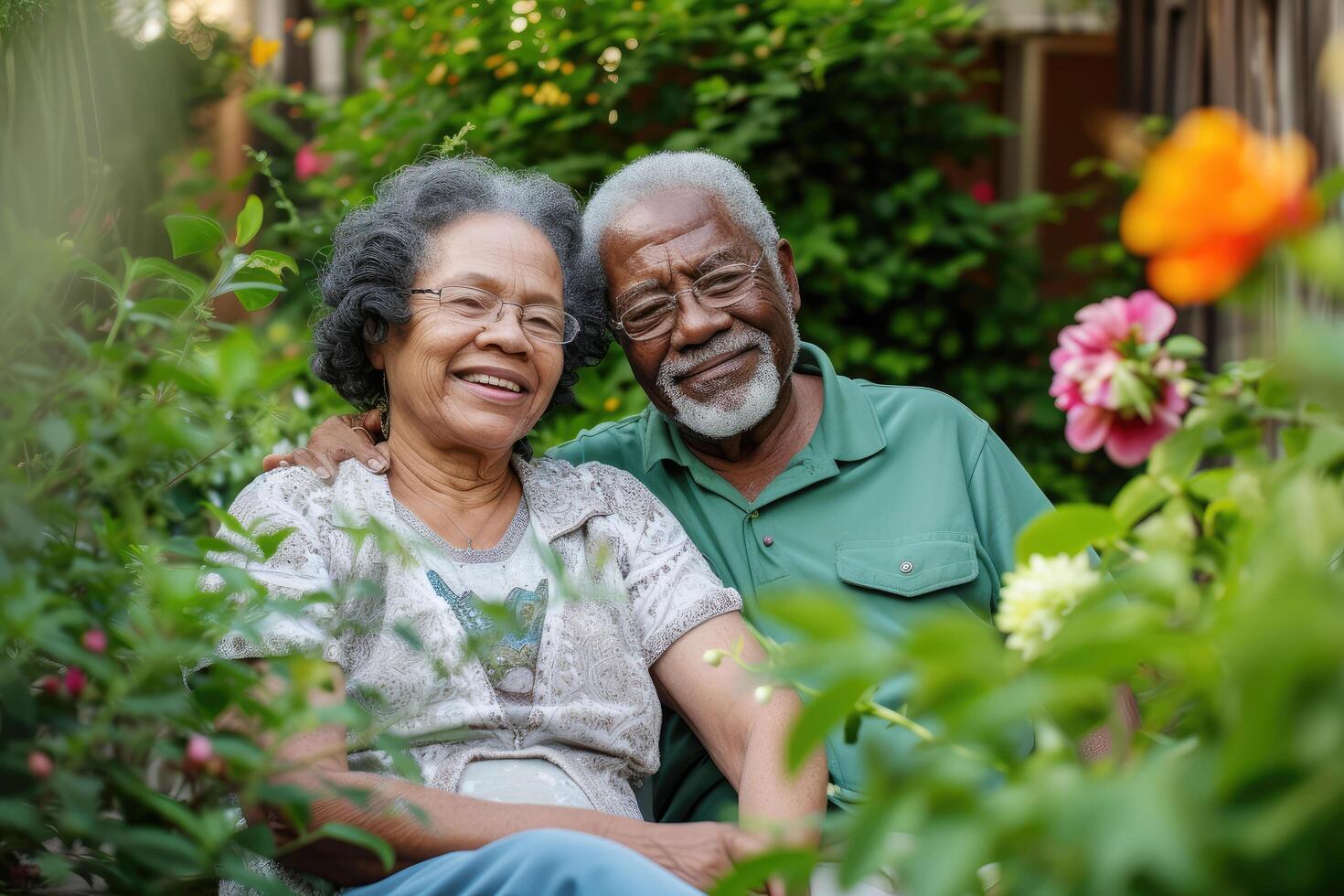 happy elderly black married couple sits hugging in the yard of their house surrounded by plants and flowers photo