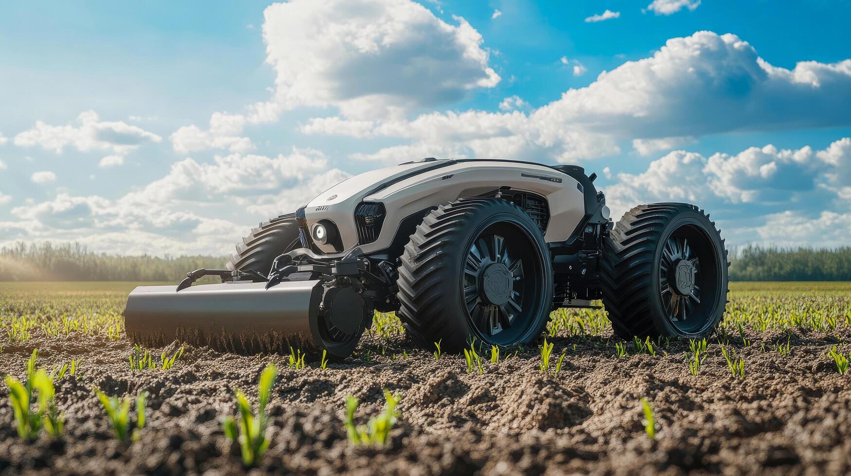 Innovative autonomous tractor cultivating crops on sunny day in farmland photo