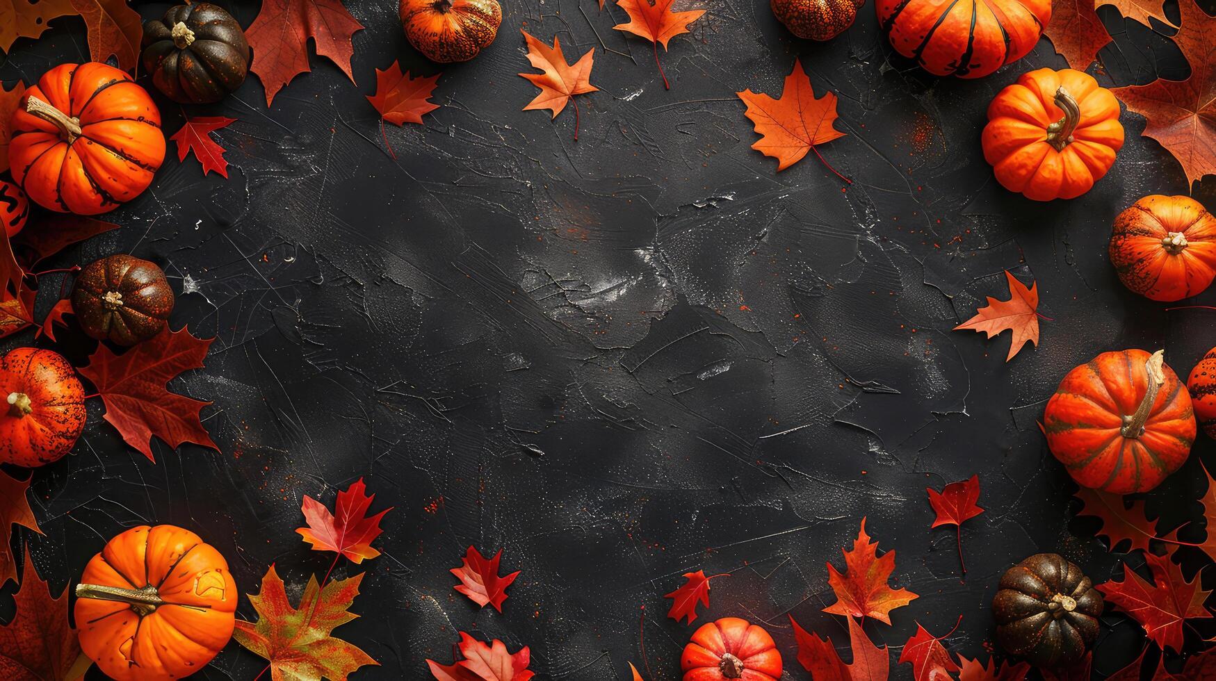 Halloween. Pumpkins and orange autumn leaves on a dark background, top view, copy space photo
