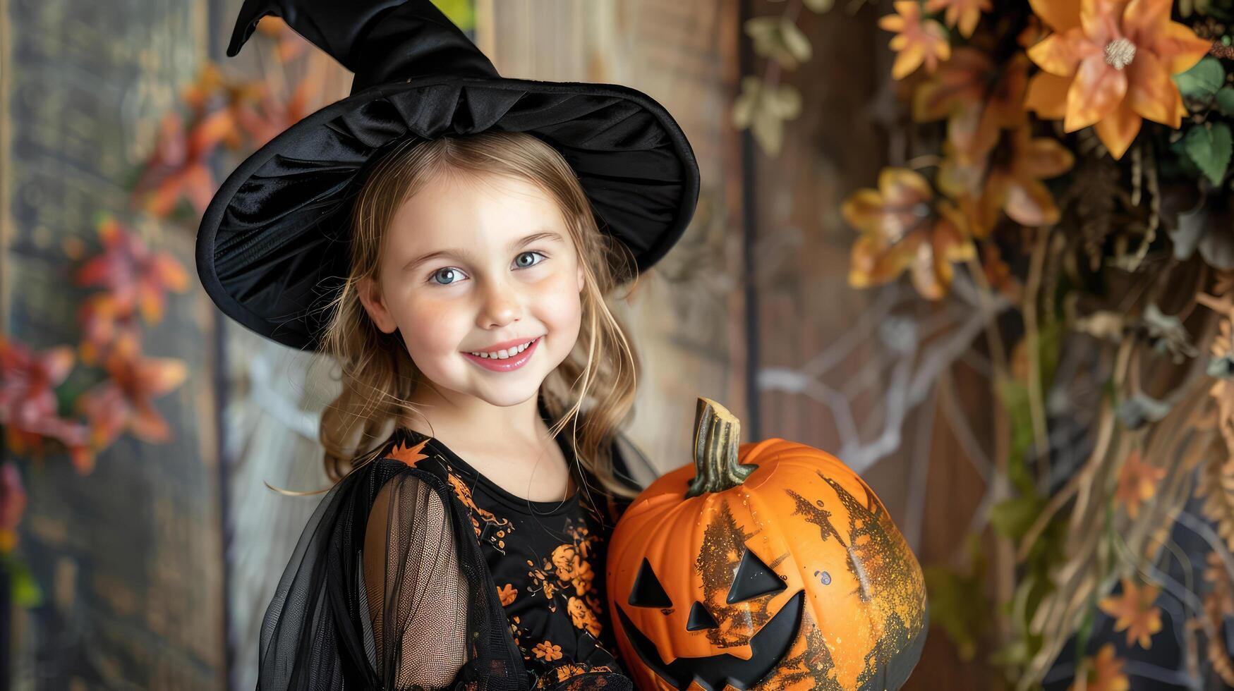 beautiful girl child in Halloween outfit and black witch hat with pumpkin in hands in autumn photo