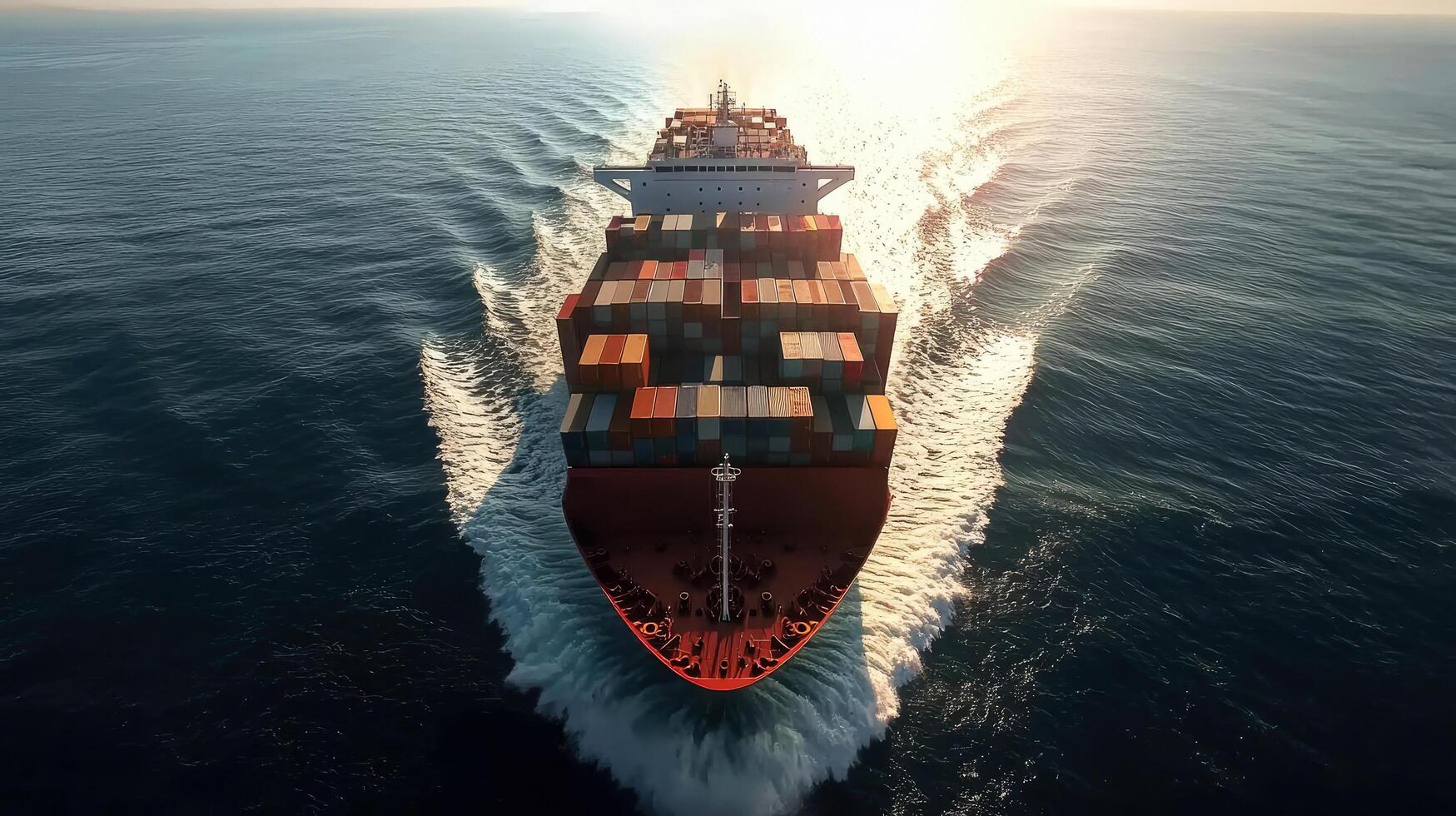 Massive cargo ship navigates open waters at sunset, a view from above showing containers photo