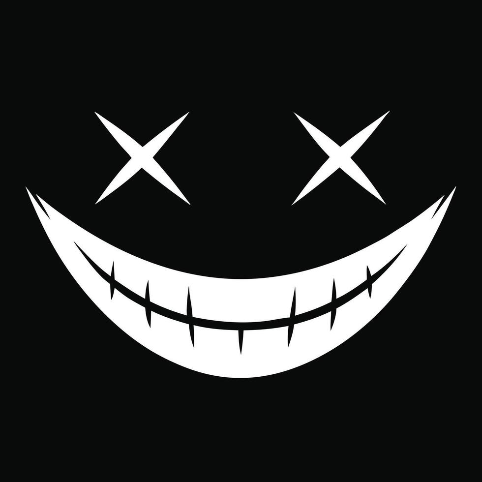 Creepy smile illustration with cross eyes on a black background vector