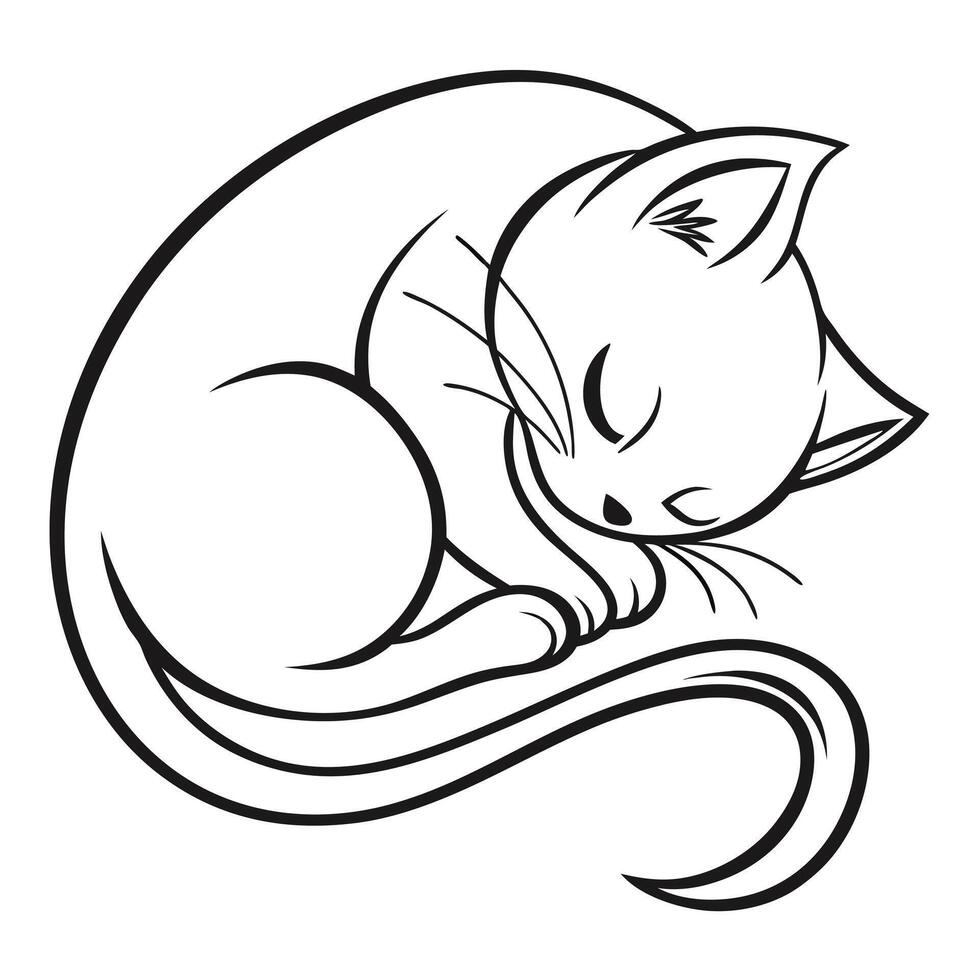 Simple black and white line art illustration of a sleeping curled up cat vector