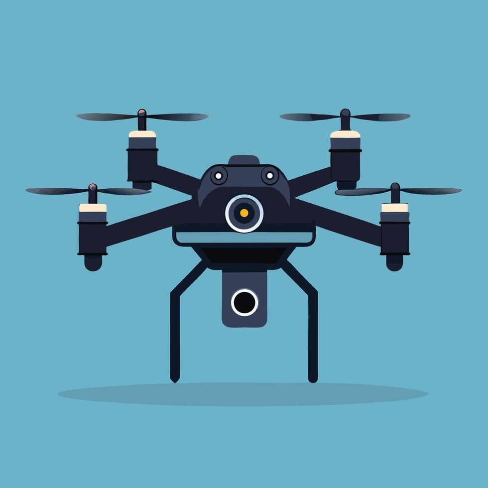 Black modern drone with camera isolated on blue background flat design vector