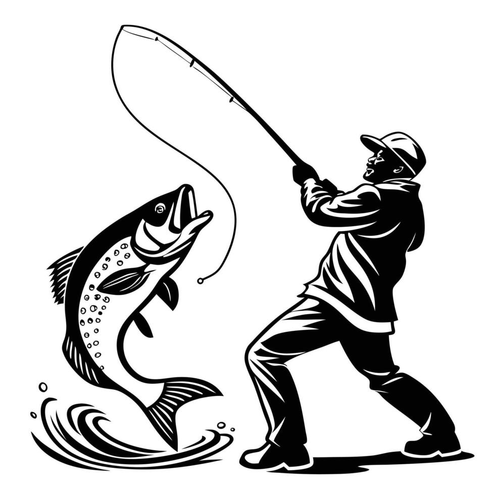 Fisherman catching big fish black and white illustration silhouette design vector