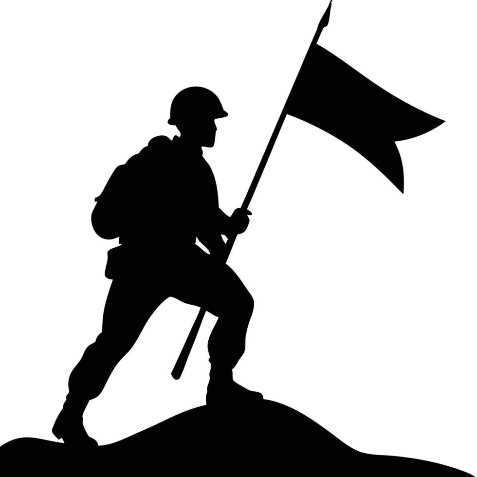 Soldier silhouette ascending a hill holding a flag graphic illustration design vector