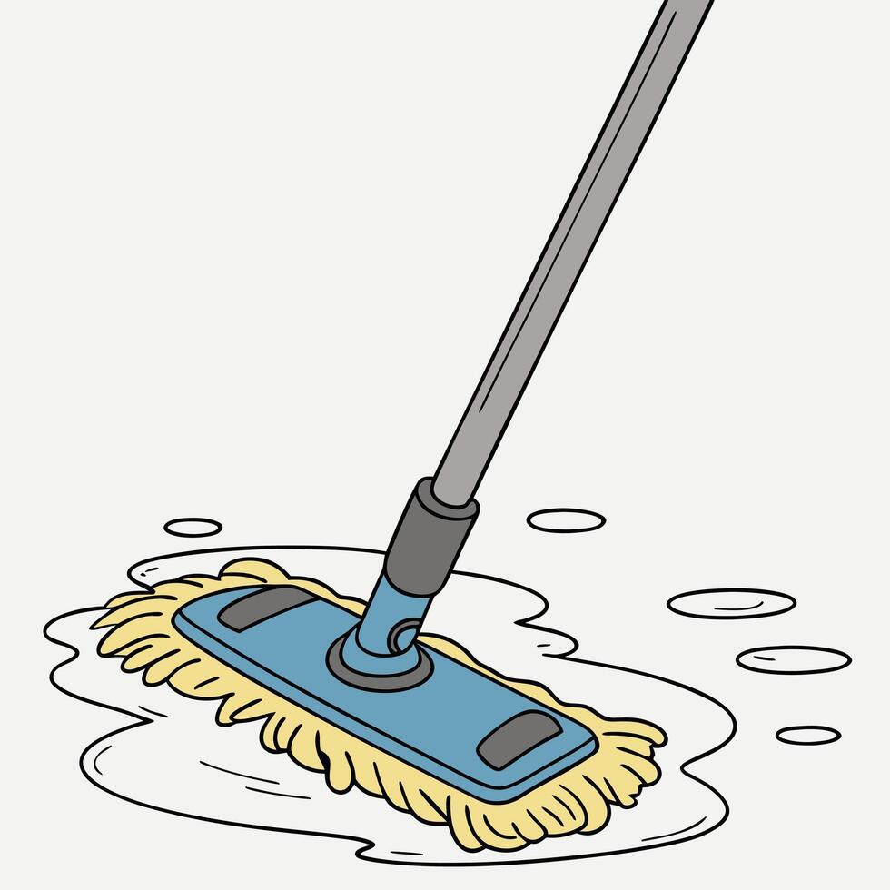 Cartoon illustration of a mop cleaning a puddle on a light surface vector