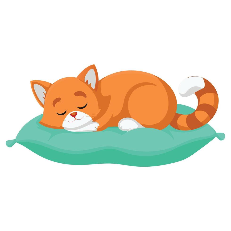 Cute cartoon ginger cat sleeping peacefully on a green pillow vector
